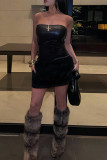 Black Sexy Solid Color Patchwork Backless Strapless Wrapped Skirt Dresses