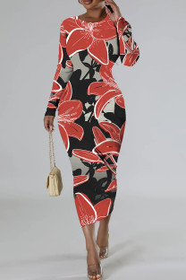 Red Casual Floral Print Basic O Neck Long Sleeve Dresses