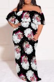 Black Red Casual Santa Claus Print Patchwork Off Shoulder Long Plus Size Dresses