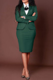 Deep Blue Casual Business Wear Solid Color Slit Turn-back Collar Long Sleeve Two Pieces
