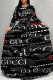 Black Gray Casual Letter Print Lace Up Contrast O Neck Printed Dresses