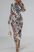Multicolor Casual Floral Print Basic O Neck Long Sleeve Dresses