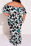 Red-brown Casual Leopard Print Patchwork Backless Off Shoulder Long Plus Size Dresses