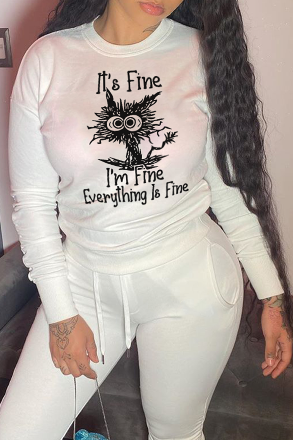 White Casual Street Cartoon Print Letters O Neck Tops