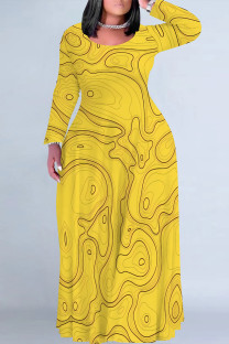 Golden Yellow Casual Street Geometric Print Contrast O Neck Printed Plus Size Dresses