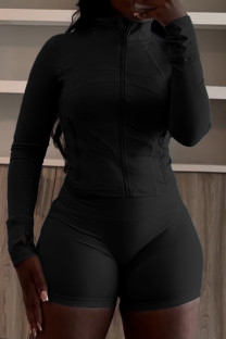 Black Casual Solid Color Patchwork Zipper Zipper Collar Long Sleeve Two Pieces