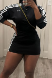 Black Casual Patchwork Contrast O Neck Long Sleeve Two Pieces