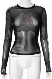 Black Sexy Letters Patchwork See-Through Contrast O Neck Tops