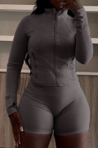 Grey Casual Solid Color Patchwork Zipper Zipper Collar Long Sleeve Two Pieces
