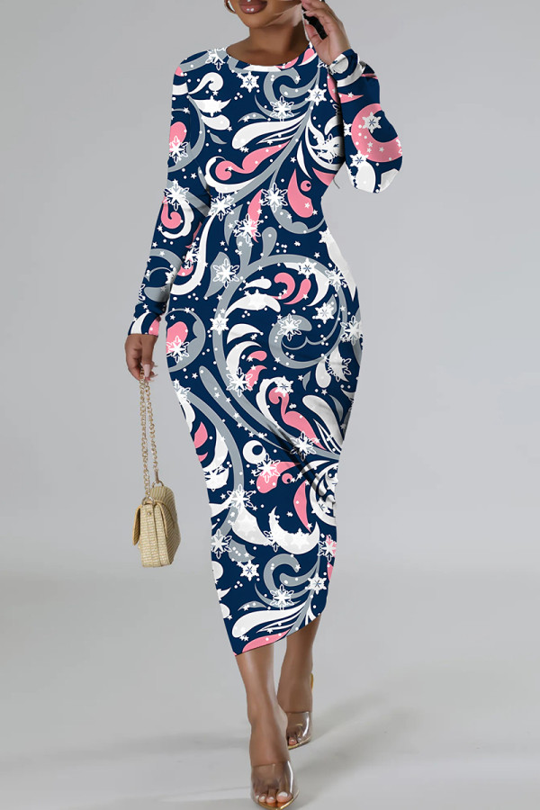 Tibetan Blue Casual Print Basic O Neck Long Sleeve Dresses