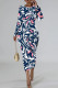 Tibetan Blue Casual Print Basic O Neck Long Sleeve Dresses
