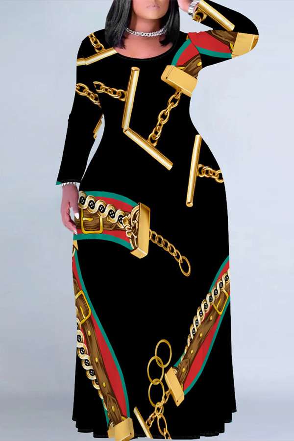 Multicolor Casual Street Geometric Print Contrast O Neck Printed Plus Size Dresses