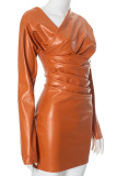Orange Daily Solid Color Patchwork Ruched Asymmetrical Collar Wrapped Skirt Dresses