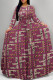 Rose Red Elegant Letter Print Flowers Lace Up Contrast O Neck Printed Dresses