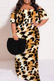 Red-brown Casual Leopard Print Patchwork Backless Off Shoulder Long Plus Size Dresses