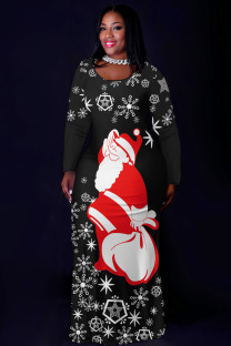 Black Red Casual Print Basic O Neck Long Plus Size Dresses