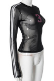 Black Sexy Letters Patchwork See-Through Contrast O Neck Tops