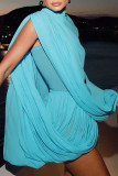 Blue Daily Solid Color Patchwork Irregular O Neck Long Sleeve Two Pieces