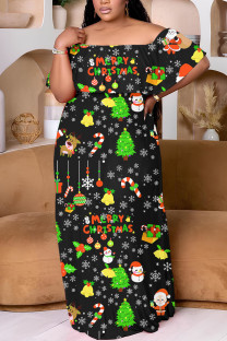 Black Yellow Casual Santa Claus Print Patchwork Off Shoulder Long Plus Size Dresses