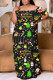 Black Yellow Casual Santa Claus Print Patchwork Off Shoulder Long Plus Size Dresses