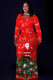 Red Green Casual Print Basic O Neck Long Plus Size Dresses