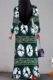 Ink Green Daily Elegant Floral Print Lace Up Contrast V Neck Printed Dresses