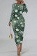 Green Casual Floral Print Basic O Neck Long Sleeve Dresses