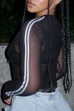 Black Sexy Letters Patchwork See-Through Contrast O Neck Tops