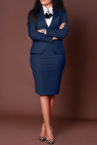 Deep Blue Casual Business Wear Solid Color Slit Turn-back Collar Long Sleeve Two Pieces