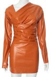 Orange Daily Solid Color Patchwork Ruched Asymmetrical Collar Wrapped Skirt Dresses