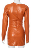 Orange Daily Solid Color Patchwork Ruched Asymmetrical Collar Wrapped Skirt Dresses