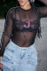 Black Sexy Letters Patchwork See-Through Contrast O Neck Tops