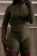 Olive Green Casual Solid Color Patchwork Zipper Zipper Collar Long Sleeve Two Pieces