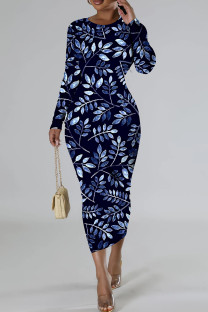 Blue Casual Floral Print Basic O Neck Long Sleeve Dresses