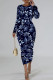 Blue Casual Floral Print Basic O Neck Long Sleeve Dresses
