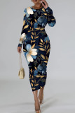Tibetan Blue Casual Print Basic O Neck Long Sleeve Dresses