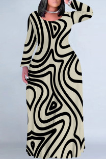 Black Apricot Casual Street Geometric Print Contrast O Neck Printed Plus Size Dresses