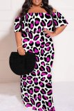 Red-brown Casual Leopard Print Patchwork Backless Off Shoulder Long Plus Size Dresses