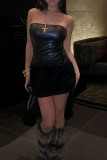 Black Sexy Solid Color Patchwork Backless Strapless Wrapped Skirt Dresses