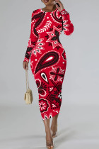 Red Casual Print Basic O Neck Long Sleeve Dresses