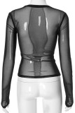Black Sexy Letters Patchwork See-Through Contrast O Neck Tops
