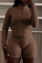 Coffee Casual Solid Color Patchwork Zipper Zipper Collar Long Sleeve Two Pieces
