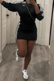 Black Casual Patchwork Contrast O Neck Long Sleeve Two Pieces