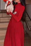 Red Elegant Solid Color Patchwork Ruched Turtleneck Irregular Dresses