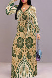 Ink Green Daily Elegant Floral Print Lace Up Contrast V Neck Printed Dresses