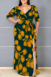 White Green Daily Elegant Geometric Print Lace Up Contrast V Neck Printed Plus Size Dresses
