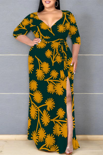 Ink Green Daily Elegant Geometric Print Lace Up Contrast V Neck Printed Plus Size Dresses
