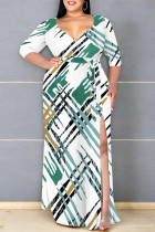 White Green Daily Elegant Geometric Print Lace Up Contrast V Neck Printed Plus Size Dresses