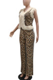 Apricot Casual Leopard Print Patchwork Fluffy Deep V Neck Two Pieces