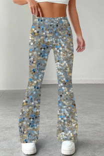 Silver Casual Print Patchwork Boot Cut Mid Waist Full Print Bottoms